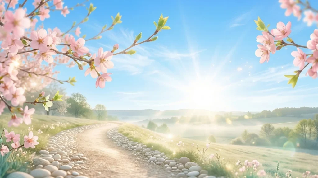 春分の朝の光に包まれた桜と新しい道の風景