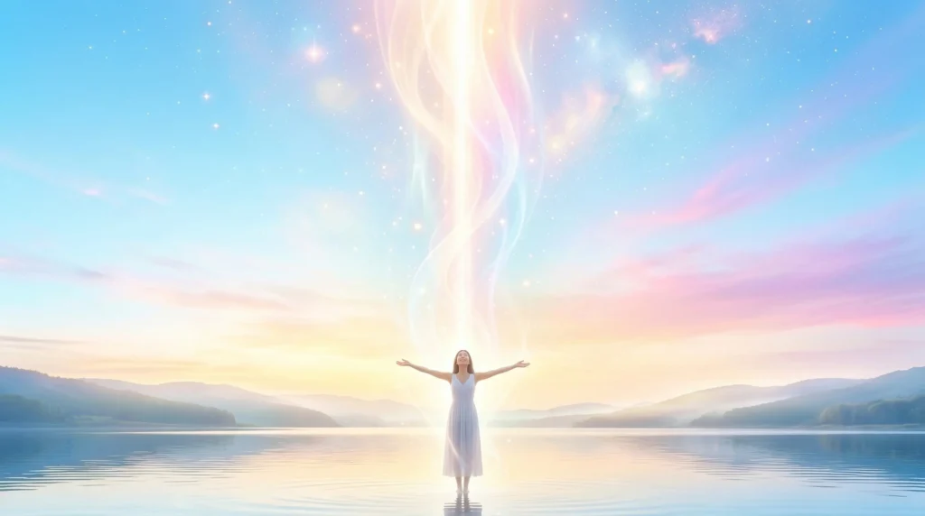 春分の光の柱とつながる女性のイメージ