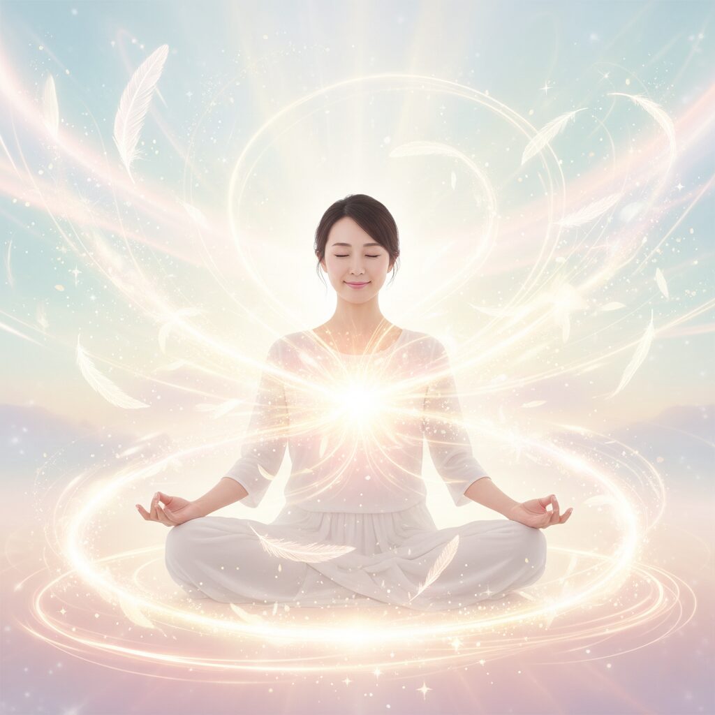 穏やかな光が差し込む中で、深く大地に根を張る大樹と、安心感に包まれて微笑む女性。心の土台と自己受容のイメージ