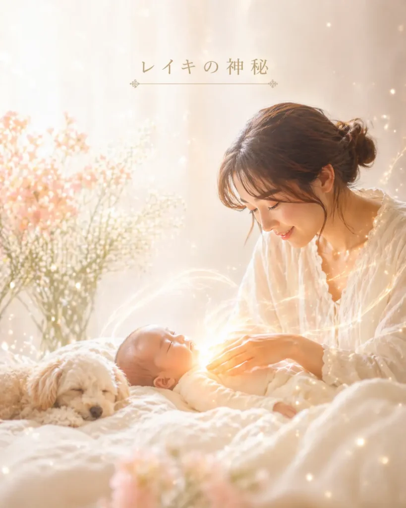 犬と赤ちゃんにレイキヒーリングをしている女性