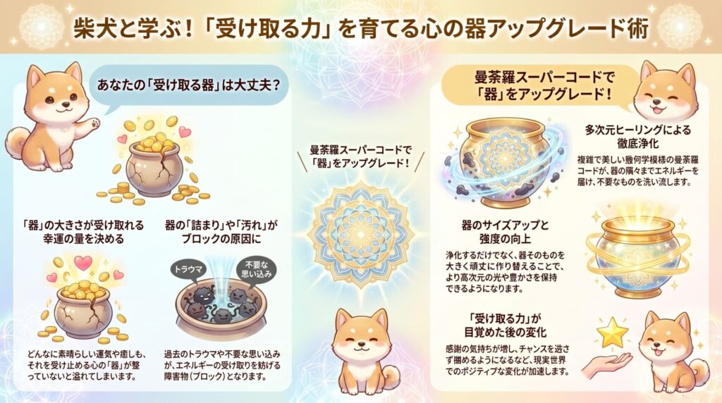 曼荼羅ヒーリングで「受け取る力」を呼び覚ますポイントとメカニズムを柴犬のキャラクターが解説する図