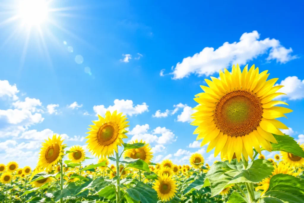 夏至の光と生命力を象徴するひまわりと青空のイメージ