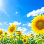 夏の青空と太陽に向かって咲くひまわりのイメージ