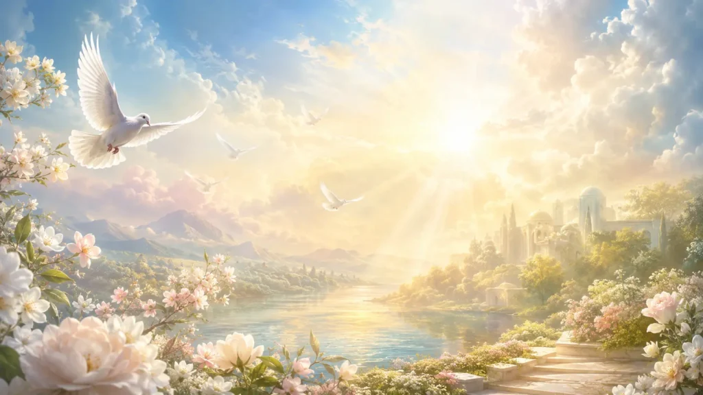 8月6日の平和への祈りを表す、光が差し込む幻想的な風景