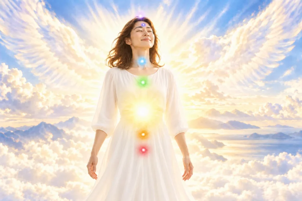 光の翼を広げた天使のような女性と、チャクラに輝く色とりどりの光