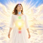 光の翼を広げた天使のような女性と、チャクラに輝く色とりどりの光