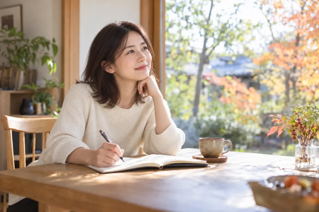 秋の窓辺でノートを開き、これからの生き方を見つめる女性